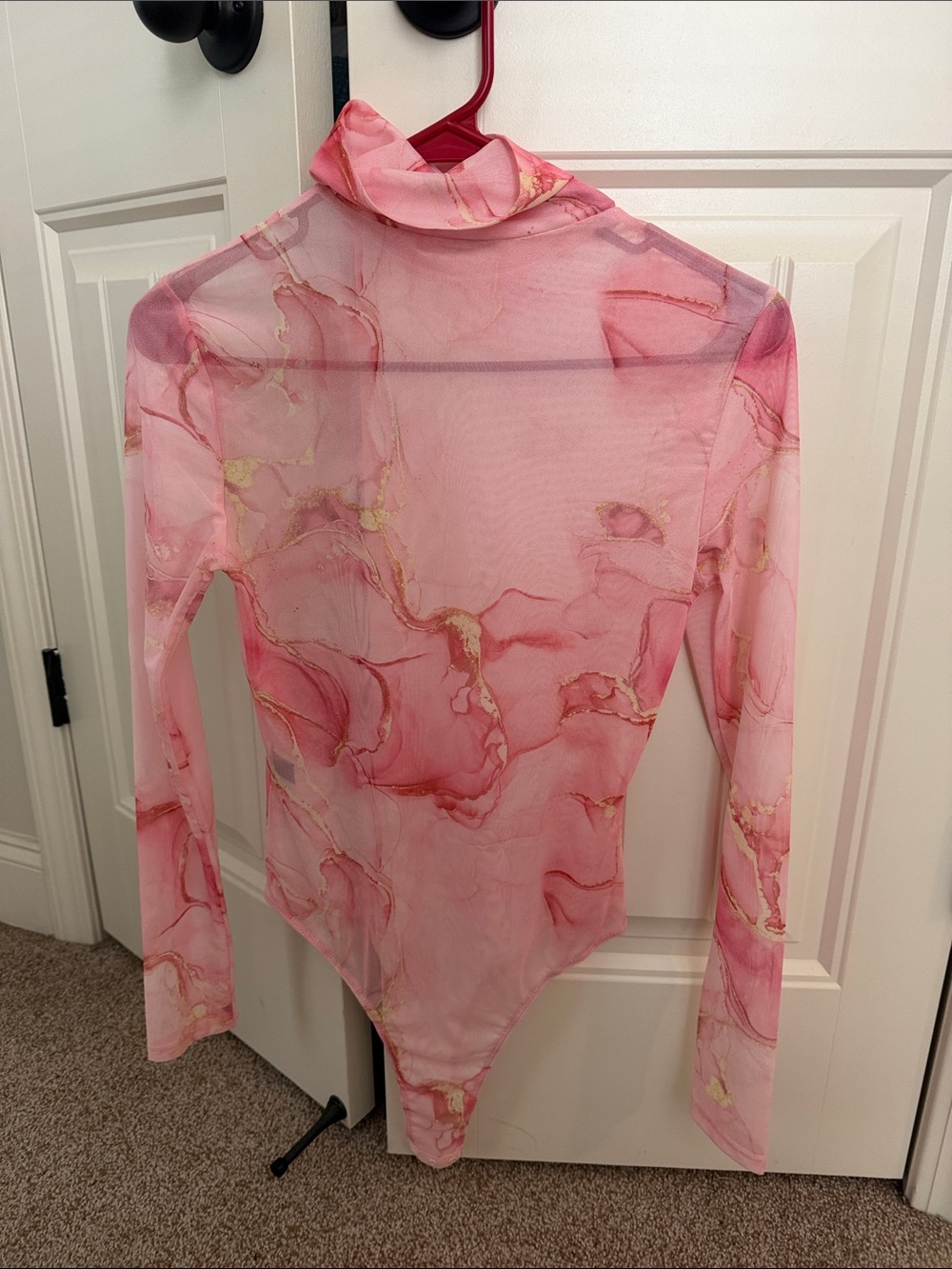 SHEIN Pink Marble-Print Sheer Long Sleeve Bodysuit